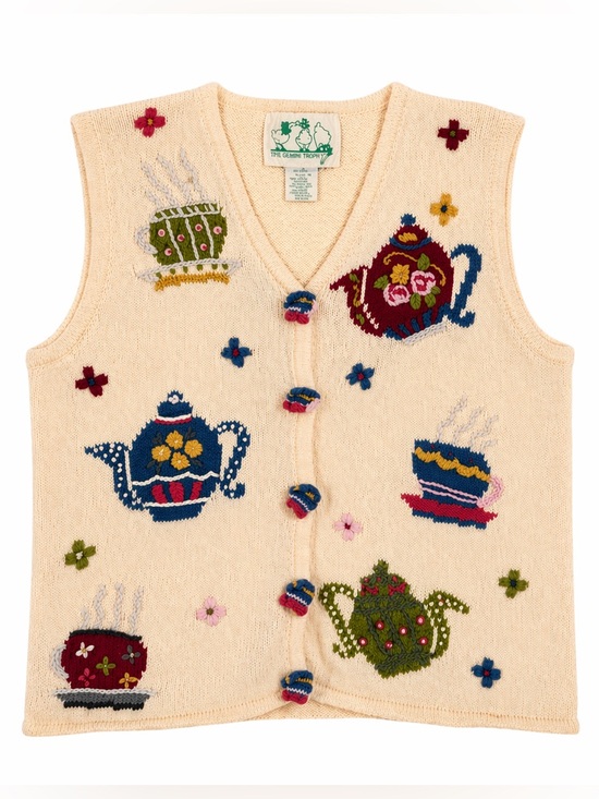 The Quaker Factory Jackets & Blazers - Vintage The Quaker Factory Teacup Tea Party Hand Knit Sweater Vest Size Small